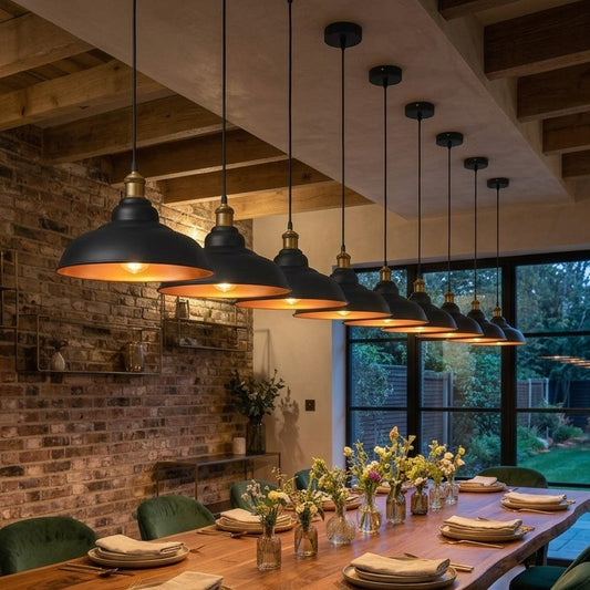 10 Pack Industrial Matte Black Pendant Light with Gold Inner Shade ~6937