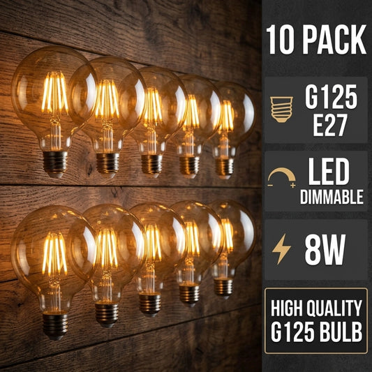Ten clear glass G125 LED filament light bulbs with warm glowing filaments, arranged in two rows against a dark wood plank wall. A dark gray vertical information panel on the right reads '10 PACK', 'G125 E27', 'LED DIMMABLE', '8W', and 'HIGH QUALITY G125 BULB'.