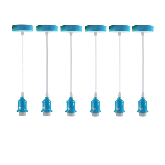 set of six blue pendant light holders with white cables