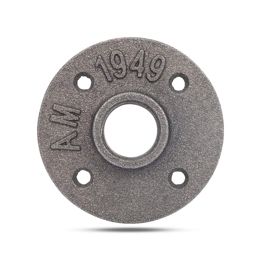 A black iron floor flange with four hole design for mounting, featuring the inscription '1949' on the surface.