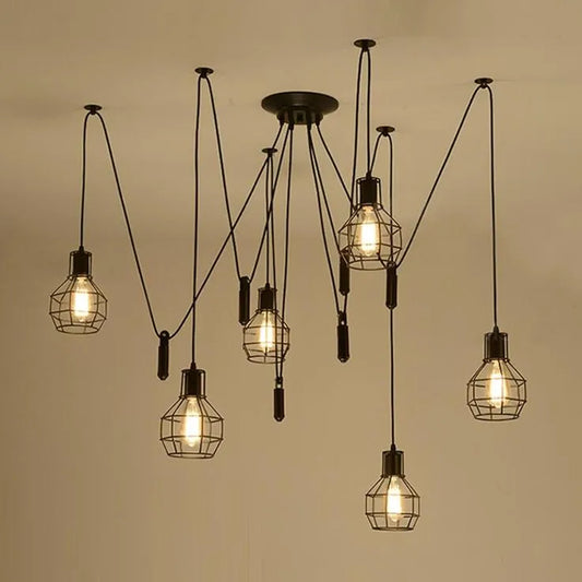 Lámpara colgante de araña negra con jaula de alambre y 6 luces (2018)