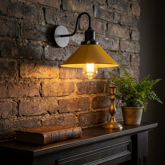 Wall-mounted lamp with yellow shade on a brick wall background