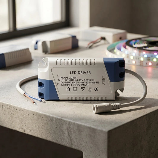 A 24W LED driver power supply unit with blue side accents and a gray cable, resting on a concrete table in a modern workspace setting.