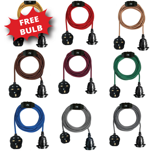 2M Plug-in Vintage E27 Dimmer Switch Fabric Pendant Light Holder with FREE BULB ~1267