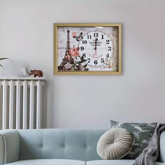 Eiffel Tower wall Clock Parisian Wood Art in Rectangular framed