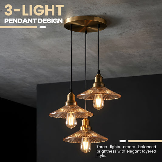 Modern Retro 3 Way Cluster Pendant Light Amber Glass Triple Fitting ~1559