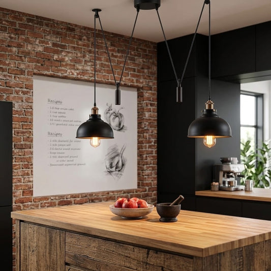 Adjustable 2-Light Pulley Pendant Light | Black Industrial Ceiling Fixture~6405
