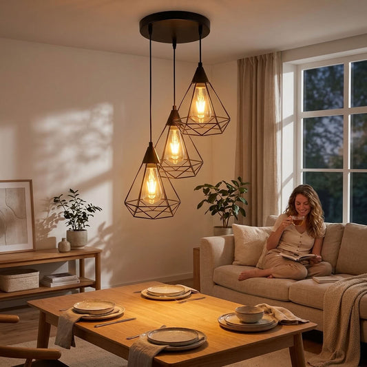 A three-light pendant ceiling fixture with geometric wire cages and glowing Edison bulbs hangs over a dining table in a warm, modern living room. A woman sits on a beige sofa nearby, reading a book by a large window.