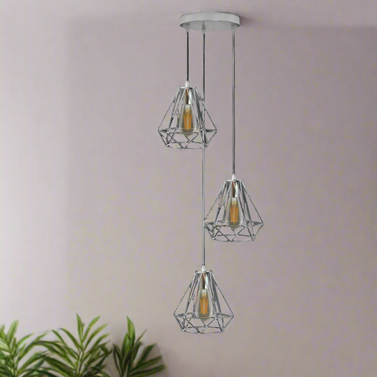 Chrome Metal 20cm Diamond Wire Cage E27 Pendant Light 95cm Wire~4180