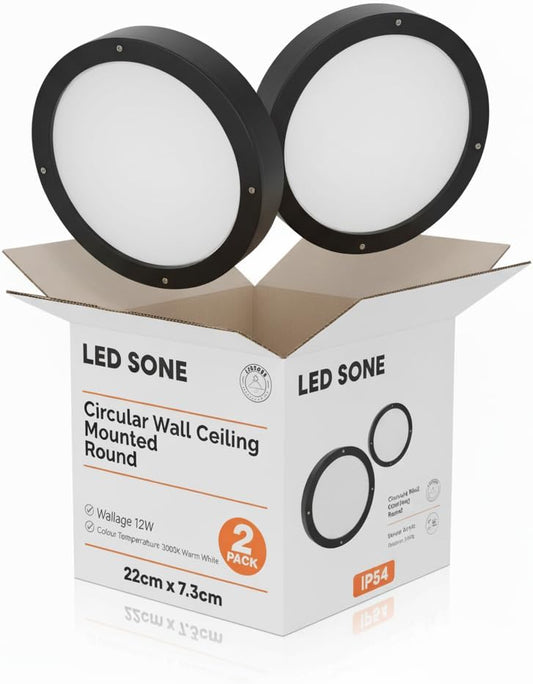2 pack IP54 12W Outdoor Round LED Bulkhead 3000K Warm White Light ~3973