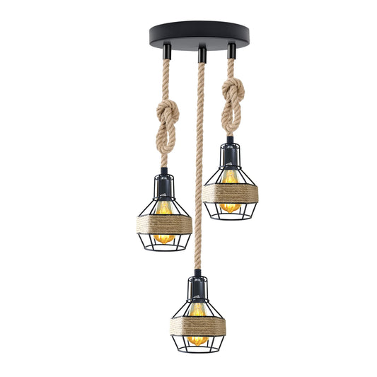 Industrial Hemp Rope Pendant Light - Black Cage E27 Lamp ~ 6203