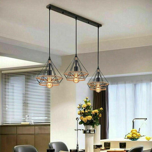 Vintage Industrial 3-Head Pendant Light | Black Metal & Hemp Rope ~6231