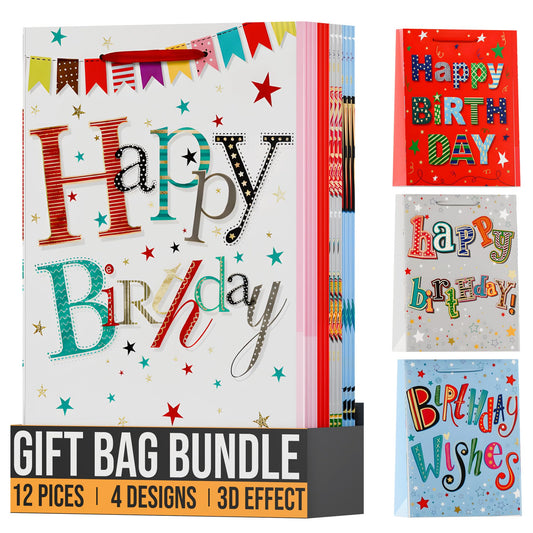 12 Pack Gift Bag For Birthday Presents ~6344