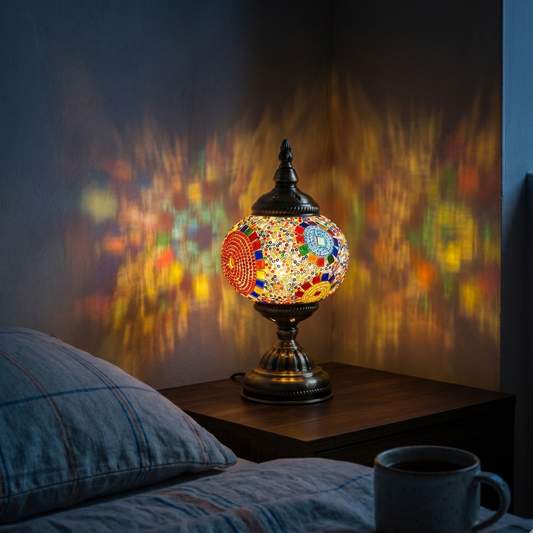 Hand-Cut Turkish Mosaic Glass Table Lamp – UK Plug – Antique Brass Base (E27)~4968