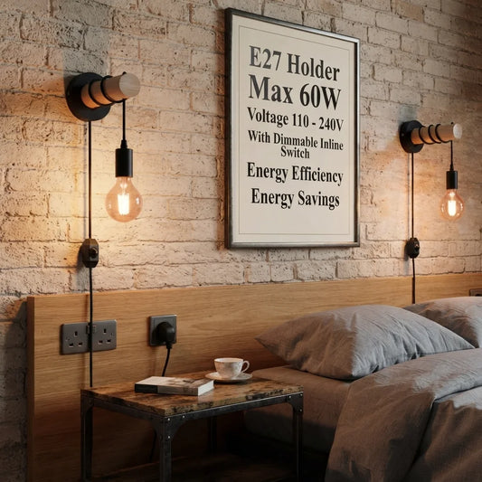 Moderne wandlamp, industriële plug-in houten wandlamp armatuur ~ 6031