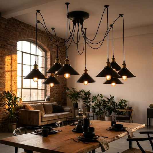 A modern multi-light pendant chandelier with black metal arms and black cone-shaped shades hangs over a wooden dining table in a warm, rustic loft-style room with brick walls, a sofa, and potted plants.