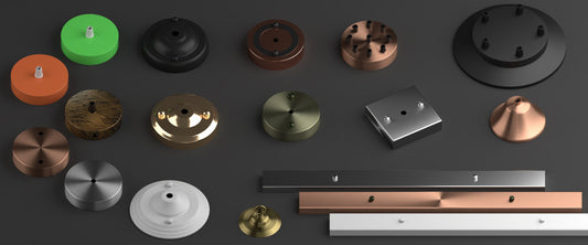 Collection of round, rectangular, and linear ceiling roses in brass, copper, black, and white for pendant light drops.