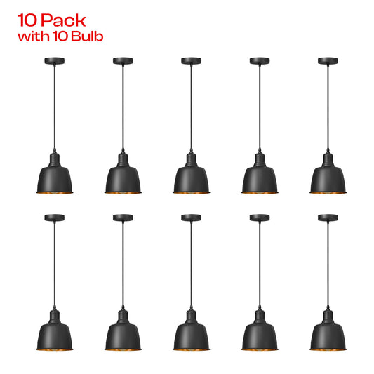 Ten-pack of black industrial-style pendant lights with 10 bulbs, arranged in two rows of five on a white background with red text reading '10 Pack with 10 Bulb' in the top left.