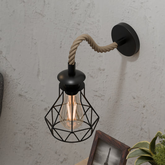 Black Rope Wall Sconce | 14cm Diamond Cage Industrial Fixture ~6485