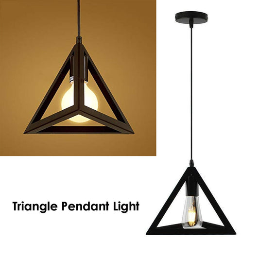 Triangle pendant lights with a brown background and white background.