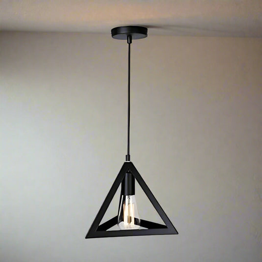 Black triangular pendant light on a white background