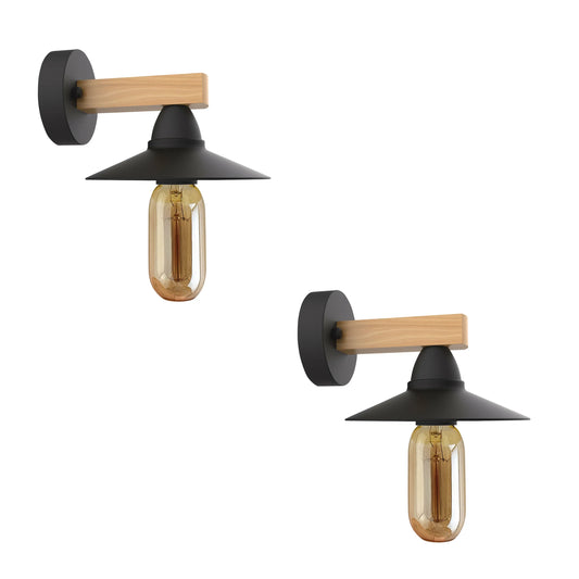 2Pack Black LED Wall Light Sconce Wood,15cm Lamp Shade,E27 Lamp Holder~4348