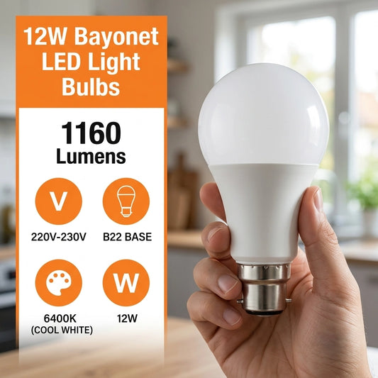 A hand holds a 12W Bayonet LED light bulb with a white frosted glass bulb and a silver B22 base, set against a blurred kitchen background. An orange and white informational graphic on the left highlights the bulb's 1160 lumens, 220V-230V voltage, B22 base, 6400K cool white color, and 12W power.