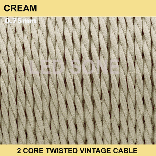 Cream 2 Core Twisted Vintage Fabric Cable –0.75mm Flex 1m/5m/10m~3016