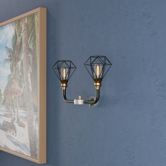 A wall-mounted industrial-style Conduit 2-way Diamond cage wall light kit with two exposed Edison-style bulbs.