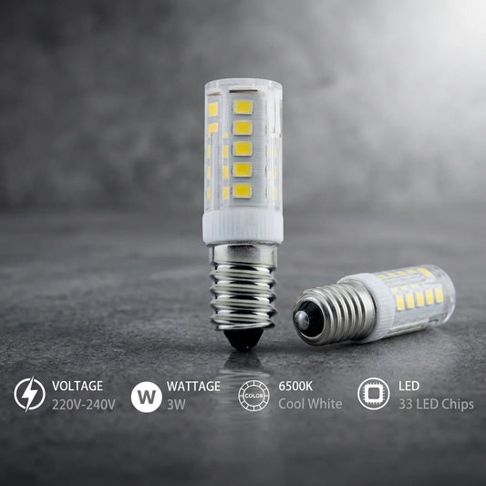 Two LED corn bulb light fixtures on a dark gray textured background, one standing upright and the other lying on its side. White text at the bottom lists specifications: Voltage 220V-240V, Wattage 3W, 6500K Cool White, and LED 33 LED Chips.