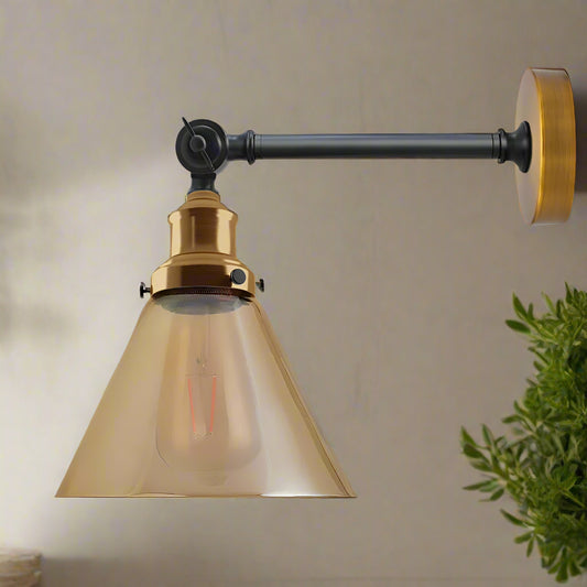A fancy wall light with an adjustable dark metal arm, brass accents, and a clear, amber-tinted cone-shaped glass shade housing an exposed bulb, mounted on a wall next to a green plant.