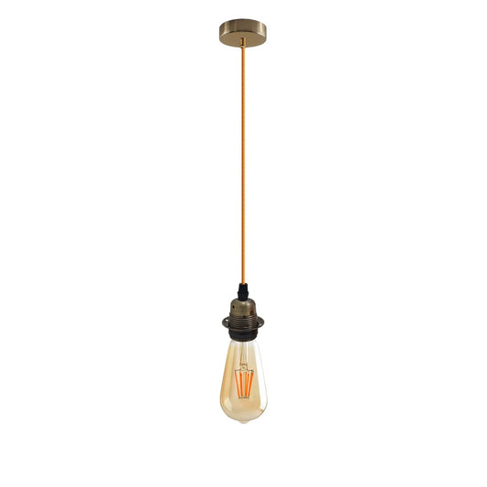 Green Brass E27 pendant kit with bulb, E27 vintage light fitting complete set, 2m fabric flex pendant with LED, ready-to-hang Green Brass E27 light