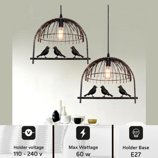 Two industrial bird cage chandeliers with decorative birds and exposed bulbs hang over a table, with overlaid specifications.