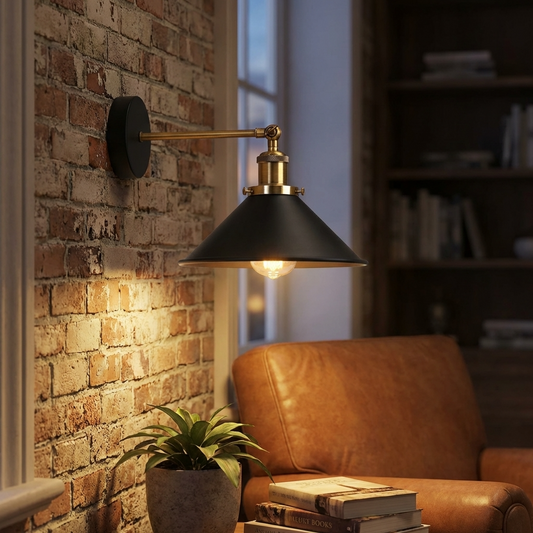 Wall-mounted black lamp with gold accents on a brick wall next to a brown leather chair.