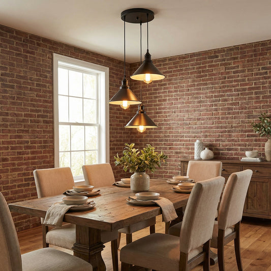 Dining room with wooden table, chairs, and brick wall.