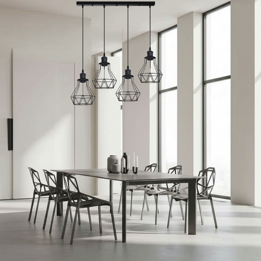 An industrial black wire cage lampshade pendant light fitting with wire cage and ceiling rose.