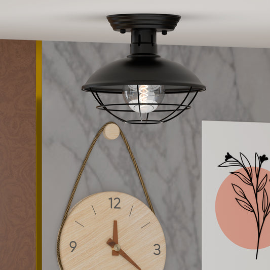 Vintage Industrial Flush Mount Ceiling Light with Cage Shade – Farmhouse Semi Flush Ceiling Lamp for Indoor Lighting ~5951