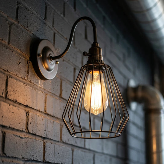Wall-mounted industrial-style light fixture with a wire cage shade on a brick wall.