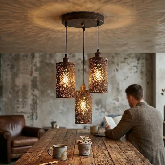 Person reading a book in a cozy room with rustic decor and pendant lights.