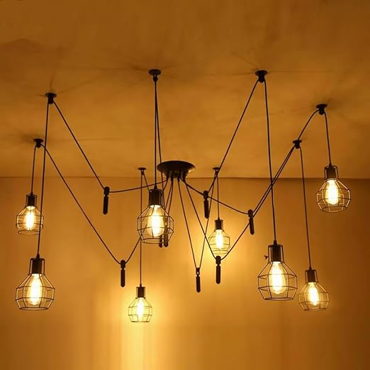 Black Spider Chandelier with Wire Cage 6 Out Let Pendant Light ~2018