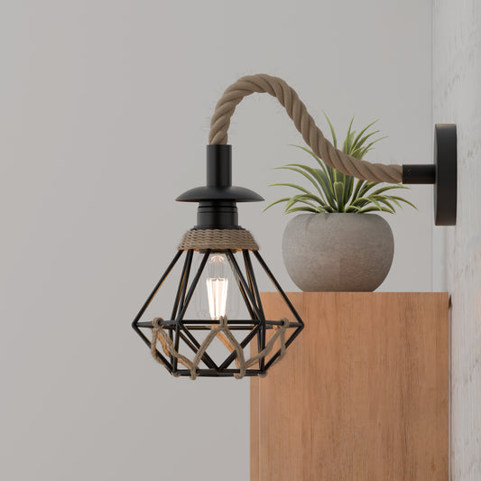 13cm Diamond Cage Wall Light | Black Rope Sconce Industrial Retro ~6489