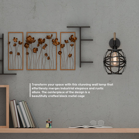 Industrial Black Hemp Rope & Metal Wall Light | 20cm Round Cage ~6487