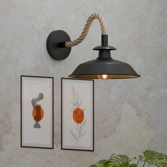 Industrial Black Rope Wall Lamp | 26cm Metal Top Shade Fixture ~6475