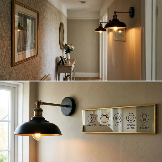 2 Pack Black and Gold Wall Lights E27 Indoor ~6977