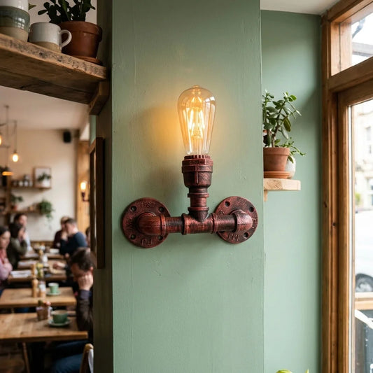 Aplique industrial de una cabeza estilo loft con tubería de agua, estilo steampunk, 2132