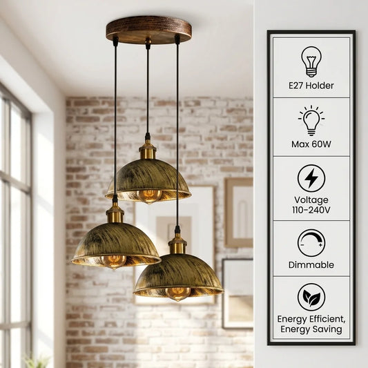 Cluster 3-Light Antique Brass Dome Pendant Light ~1263