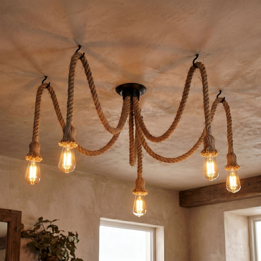 Industrial Rope Pendant Light -Adjustable Vintage Spider Chandelier ~6385