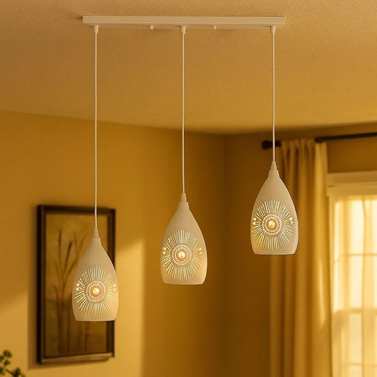 Lámpara colgante de techo vintage retro industrial tipo loft, de 3 luces, color blanco, Reino Unido ~1426