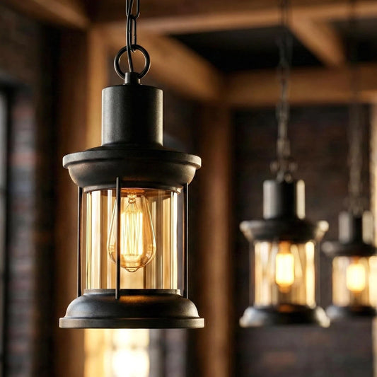 Vintage-style pendant lights with a warm glow in a dimly lit room.