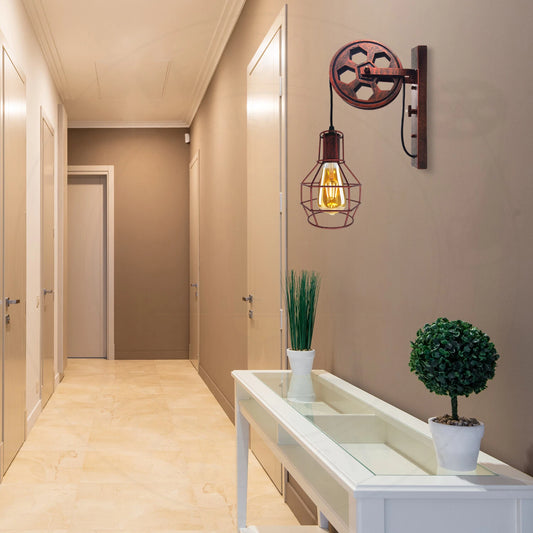 Lámpara de pared rústica estilo loft roja con polea retráctil y elevadora antigua, iluminación de pared ~1912